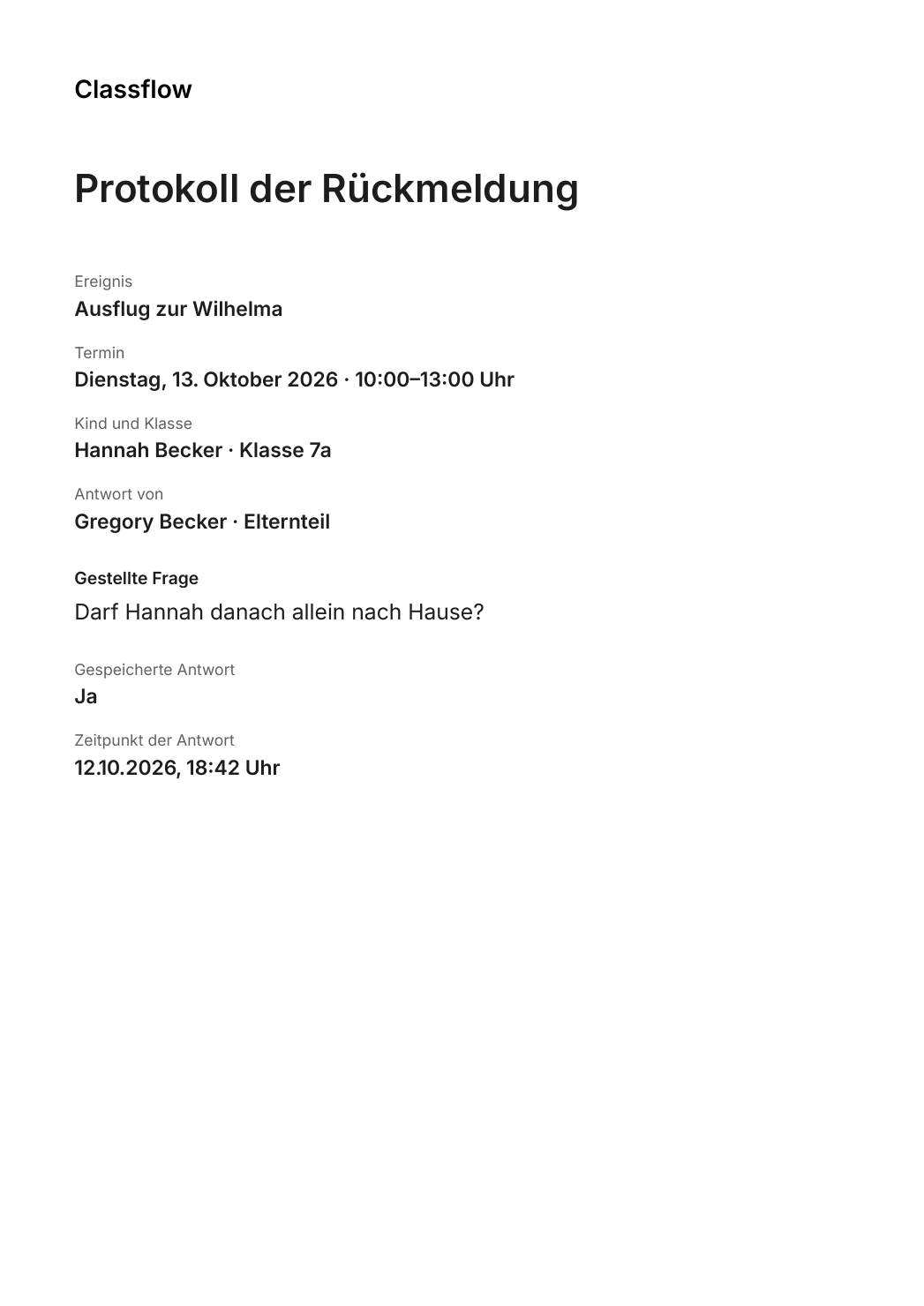 Protokoll der Rückmeldung: Gregory Becker antwortet Ja für Hannah Becker, Klasse 7a. Ausflug zur Wilhelma am 13. Oktober 2026. Antwort am 12.10.2026, 18:42 Uhr.