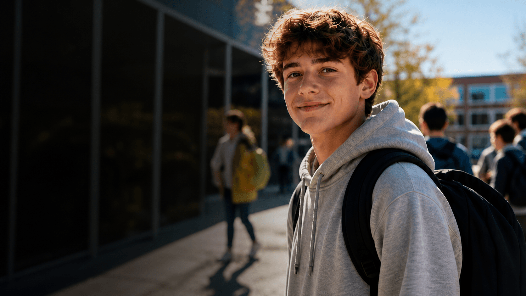 Schülerinnen und Schüler vor dem Schulgebäude